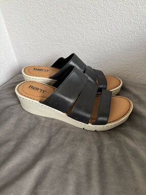 Born Black Leather Strappy Wedge Slide Mules